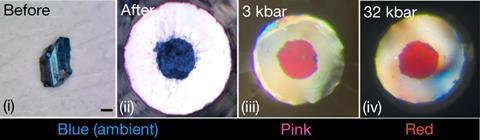 Microphotographs showing a blue crystal which goes red at high pressures