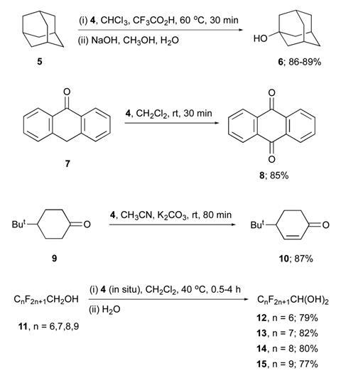 Schemes showing the oxidation of organic substrates with IBX-ditriflate