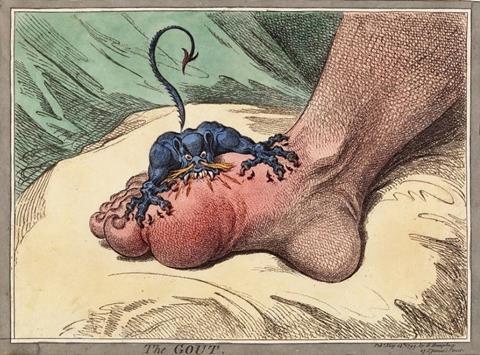 A small fierce creature with sharp teeth is biting into a swollen foot at the base of the big toe