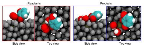 Four panels showing space-filling models of the liquid catalyst and a reactant