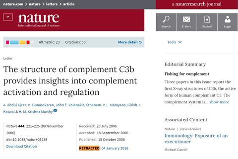 Retracted Nature Article The structure of complement C3b provides insights into complement activation and regulation