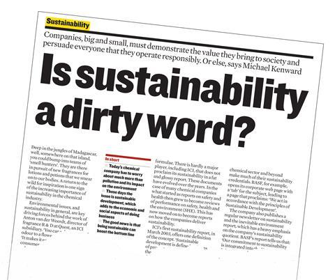 Image showing a clipping of Chemistry World, January 2004, p32, with the headline: Is sustainability a dirty word?