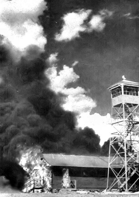 Errant bats from the experimental Bat Bomb set the Army Air Base in Carlsbad, New Mexico on fire, 1942.