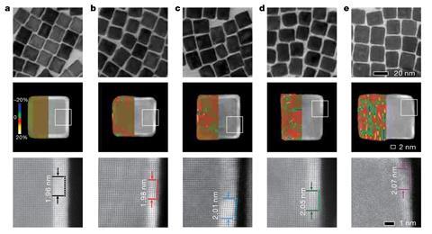 A series of five black-and-white image showing a number of dark cubes. The cubes' sides have been coloured to indicate strain, the more colour the more strain. The cubes become more colouful from left to right.