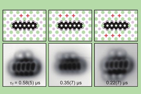 An image showing three schematics of a pentacene molecule and red crosses representing oxygen molecules. Underneath are AFM images that show blobby/blurry outlines of these molecules