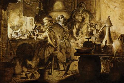 1632 Dutch oil painting by Adriaen van de Venne, entitled 'Rijcke-Armoede' (Rich Poverty), depicting an alchemist working with a pestle and mortar in his workshop. Behind him are his wife and two children.