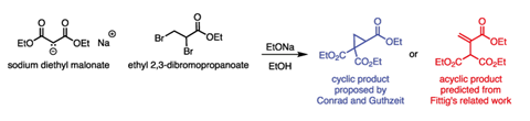 Scheme showing two proposed products of the reaction between sodium diethyl malonate and ethyl 2,3-dibromopropanoate