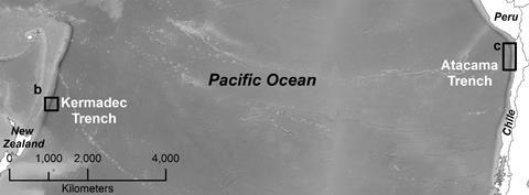 An image showing detailed bathymetry data with specifc sampling sites in the Kermadec Trench