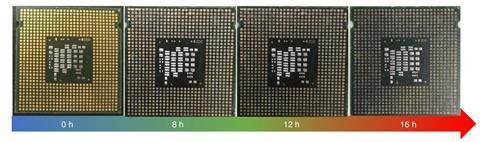 Photographs of selectively retrieving metal from a CPU board