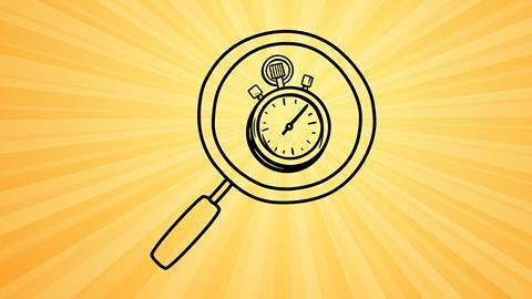 A stopwatch viewed through a magnifying glass