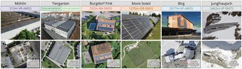 Collage of six Swiss locations with solar panel installations, each featuring a close-up and aerial view