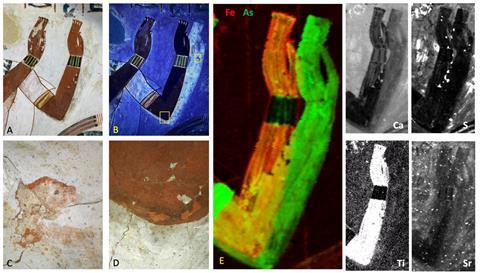 Close up of arms from an ancient Egyptian painting using different imaging techniques showing a different placement in the original painting