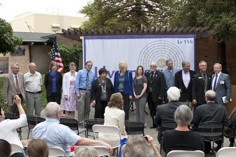 Members of the Livermorium discovery team, including scientific collaborators from the Russian city of Dubna, are recognized during the dedication of Livermorium Plaza in downtown Livermore.