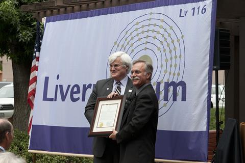 Lawrence Livermore National Laboratory Director Parney Albright (left) accepts a proclamation from Livermore Mayor John Marchand during the naming of 116 S. Livermore Ave. as Livermorium Plaza.