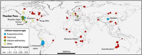 A map of the world showing the location, type and size of lithium resources. it includes mainly volcano sedimentary and hard rock in North America, mainly evaporative brine in South America and mostly hard rock in Africa, Asia and Australasia