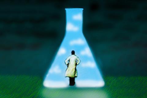 An image showing a man stepping into a conical flask shaped window of light