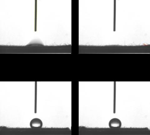 A water droplet is absorbed into one piece of cotton and sits on the surface of the other