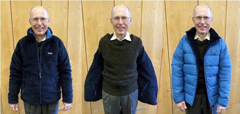 A sequence of three photos of the same man. First he wears a fleecy jacket with a puffer lining then he takes it off and lastly he puts it back out with the puffer lining on the outside and the fleecy side turned in.
