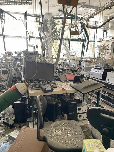 A photograph showing extensive damage inside a laboratory at the Weizmann Institute of Science