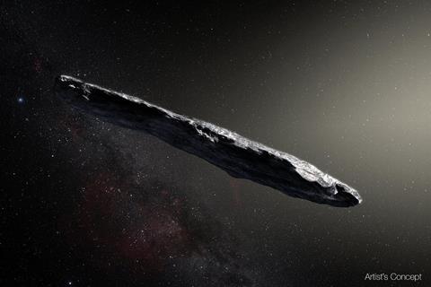 Artist's concept of interstellar asteroid 1I/2017 U1 ('Oumuamua) as it passed through the solar system after its discovery in October 2017