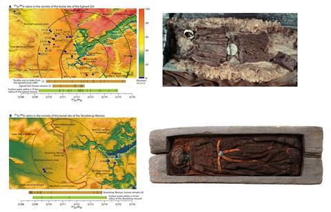 An image showing the maps of the exact locations where the graves were found; photographs of the remnants of both women are shown