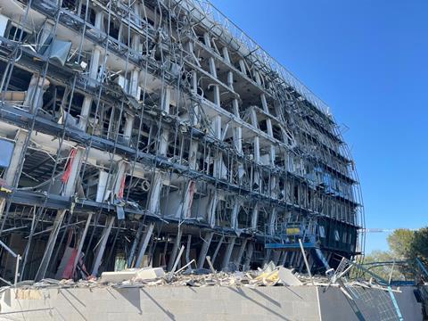 A photograph showing extensive damage to the new chemistry building being built at the Weizmann Institute of Science