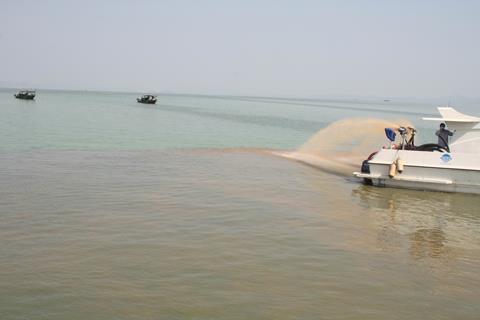 A small boat sprays brownish water on a lake with a green algal bloom.