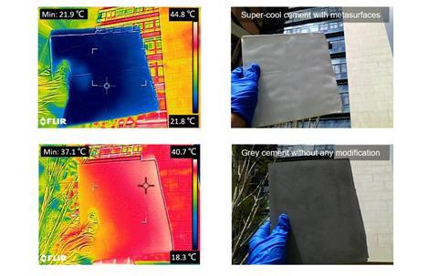 A comparison of supercool cement and grey cement in photos and infrared. In the infra red image the great cement is red and the supercool cement is blue.