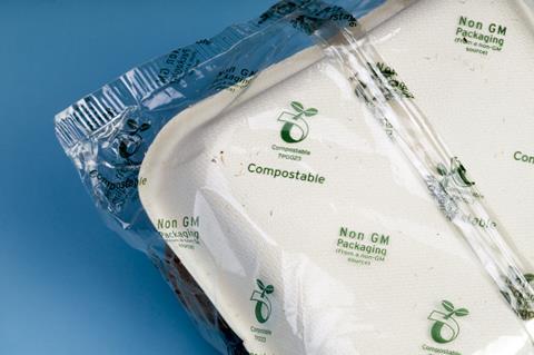 Compostable food packaging tray and clear film