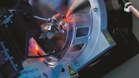 Close-up of the nanospray apparatus used in electrospray ionisation mass spectrometry (ESI-MS)