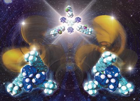 A C3-symmetric propeller-shaped molecule, synthesized by the 9-borafluorene-mediated three-fold benzannulation of 1,3,5-tris(phenylethynyl)benzene, undergoes helical inversion between P- and M-conformers, whose ratio is biased under the influence of solve