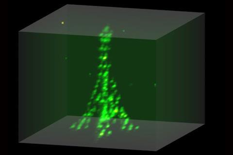 A reconstruction of the fluorescence images the Paris-Saclay team use to locate their atoms shows an array they made in the shape of the Eiffel tower. 