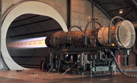 An afterburner glows on an F-15 Eagle engine following a repair during an engine test run November 10, 2010, at the Florida Air National Guard base in Jacksonville International Airport, Fla.