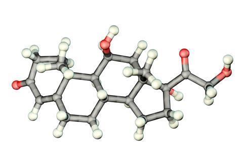 Molecule of cortisol hormone, 3D illustration