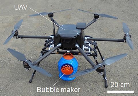 An image showing a robotic pollinator consisting of a UAV and a bubble maker