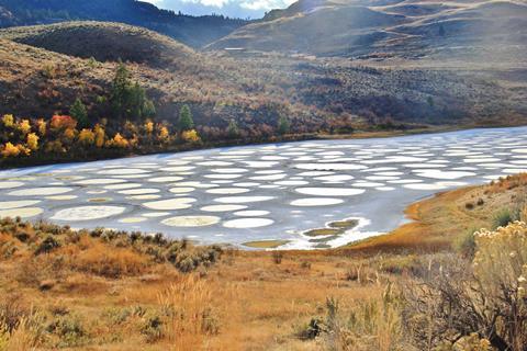 Spotted lake in Okanagan Vallye, Osoyoos, British Columbia. It contains dense deposits of magnesium sulfate, calcium and sodium sulfates.