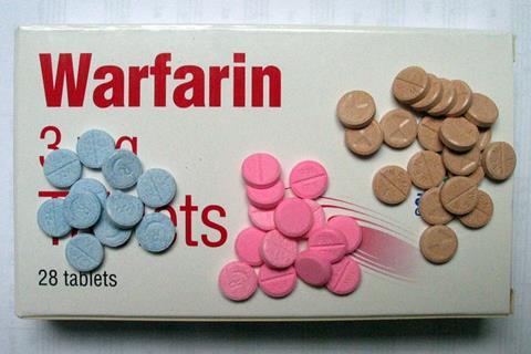 Warfarin tablets, 5mg (pink), 3mg (blue) and 1mg (brown)