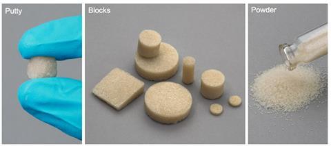 Silk-based putty, powder and porous blocks