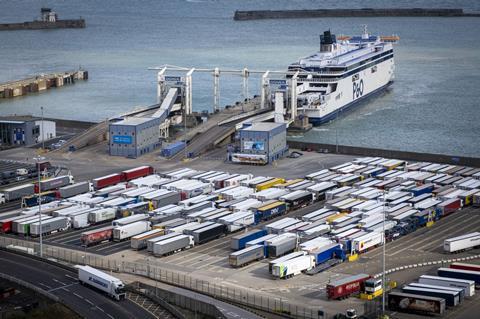 An image showing lorries lined up at the port of Dover