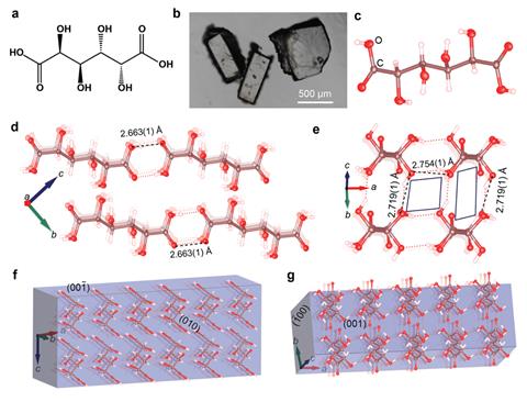 A diagram including molecular structures and a image of crystals