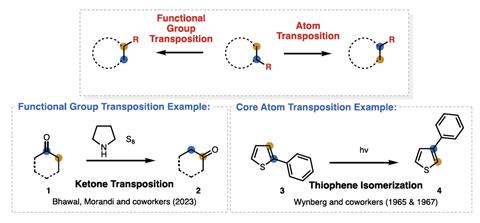 A diagram showing examples of functional group transposition and core atom transposition
