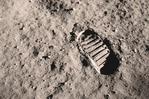 An image showing the first boot print on the Moon