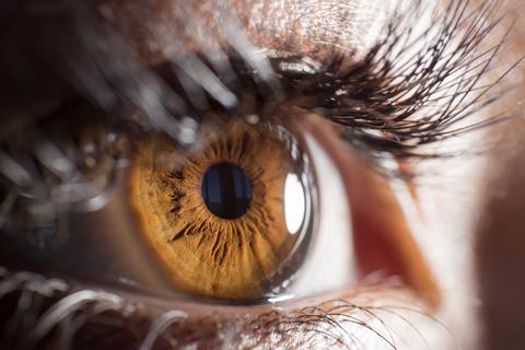 Close photograph of the brown iris of a human eye