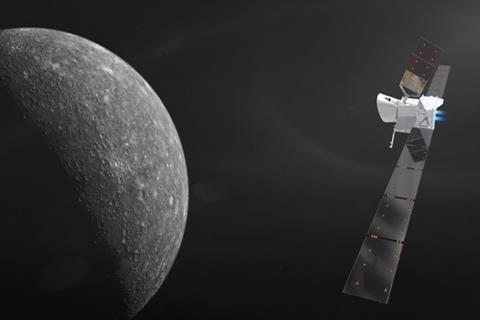 Artist's impression of BepiColombo approaching planet Mercury