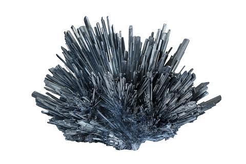 A photograph of a stibnite specimen