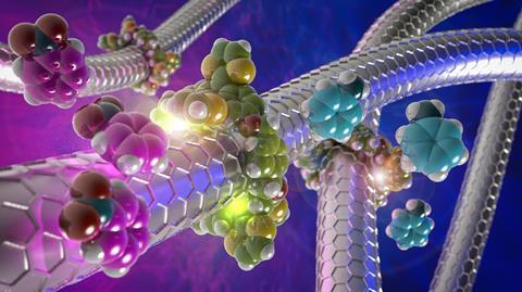 An illustration depicting positive and negative regulation of carbon nanotube catalysts through encapsulation within macrocycles