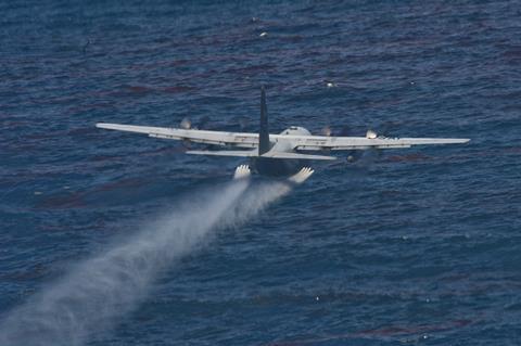 An image showing the oil dispersing chemical dropped from aircraft