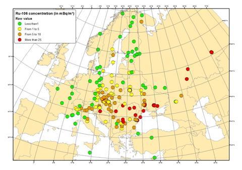Average value of the 106Ru concentration in the atmosphere for each monitoring station in Europe/Russia over the whole sampling period during which ruthenium was detected