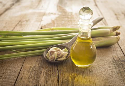 A photo of lemongrass and a bottle of essential oil