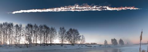 An image showing the meteor streaking through the sky above Chelyabinsk, Russia